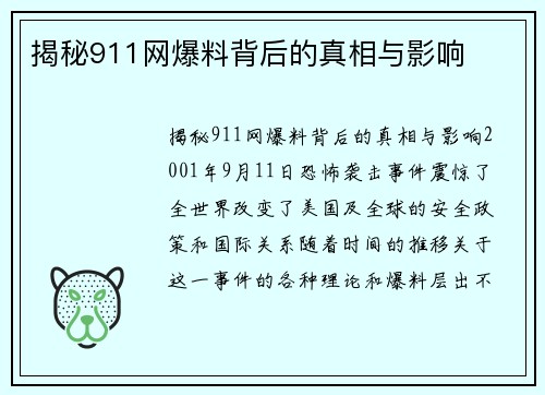 揭秘911网爆料背后的真相与影响